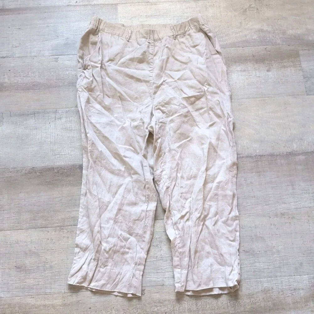 Quince Women's 100% Linen Crop Pants Size L Beige Pull On W Pockets